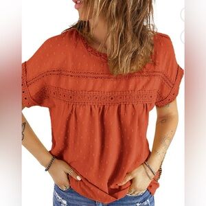 Terracotta Ruat Swiss Dot Boho Crochet Lace Trim Babydoll Blouse Burnt Orange L